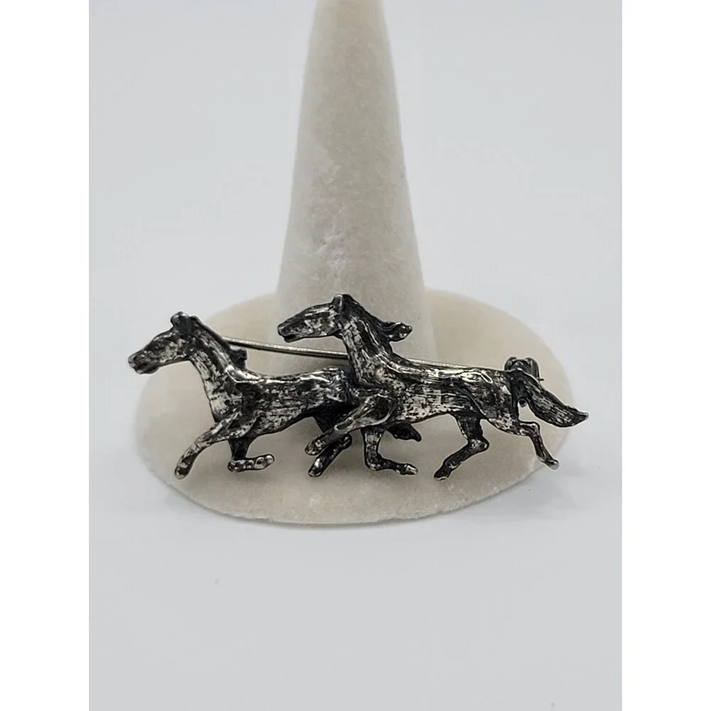 Vintage Zentall Three Running Horses Silver Tone Brooch